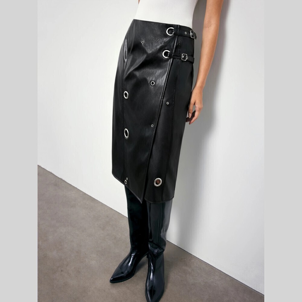 Black Faux Leather Grommet Buckle Asymmetric Hem Midi Skirt